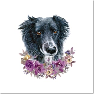 Cute Border Collie Puppy Dog with Flowers Illustration Art Posters and Art